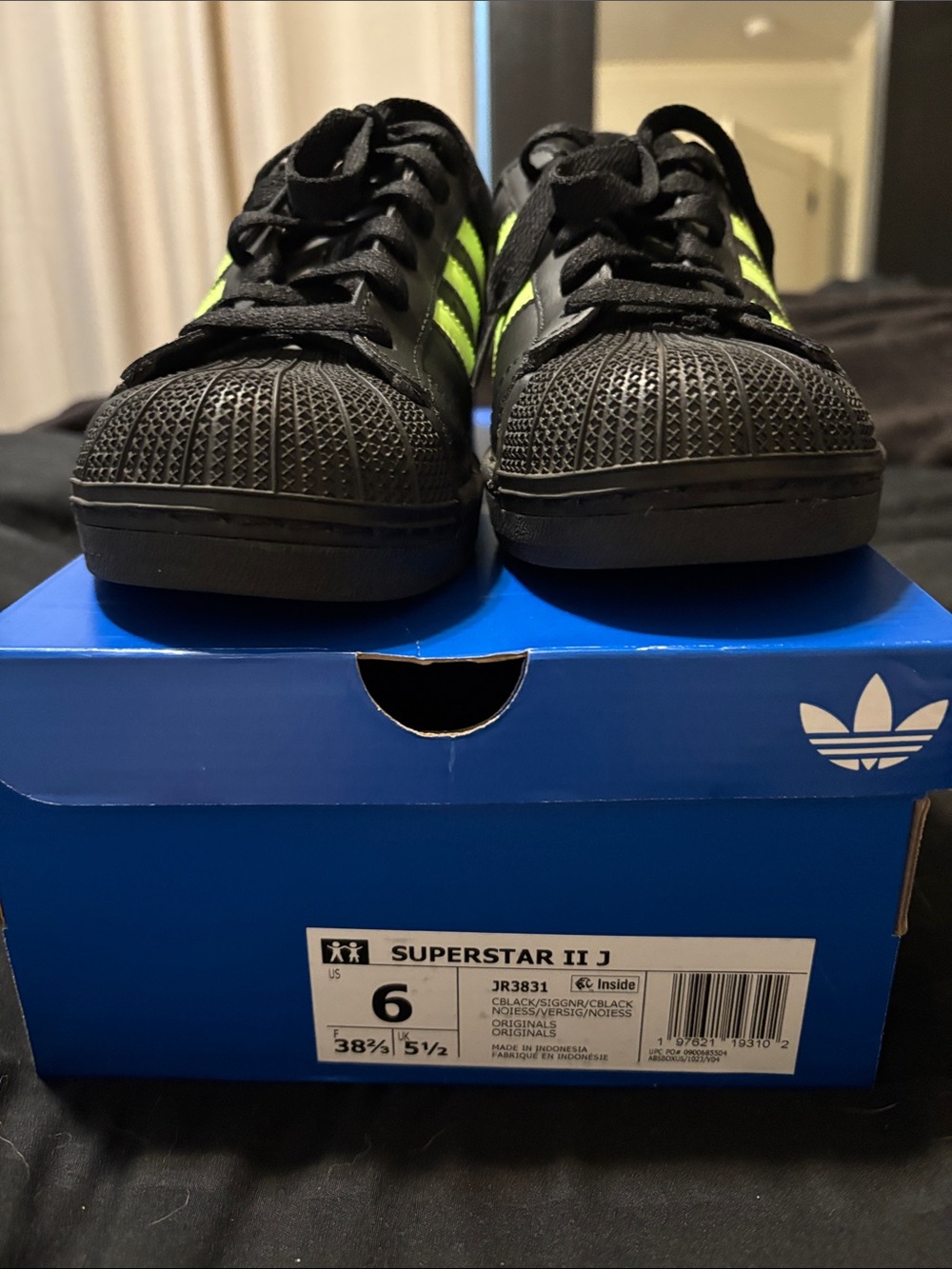 adidas Superstar II J Black with Neon Green Stripes Sneakers